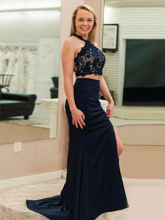 Mermaid Cross Neck Sleeveless Two Pieces Navy Blue Long Prom Dresses cg5108