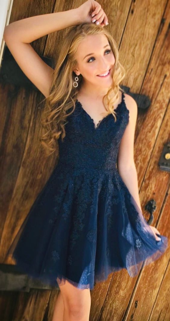 navy blue short homecoming dresses, semi formal party dresses, lace hoco dresses  cg5114