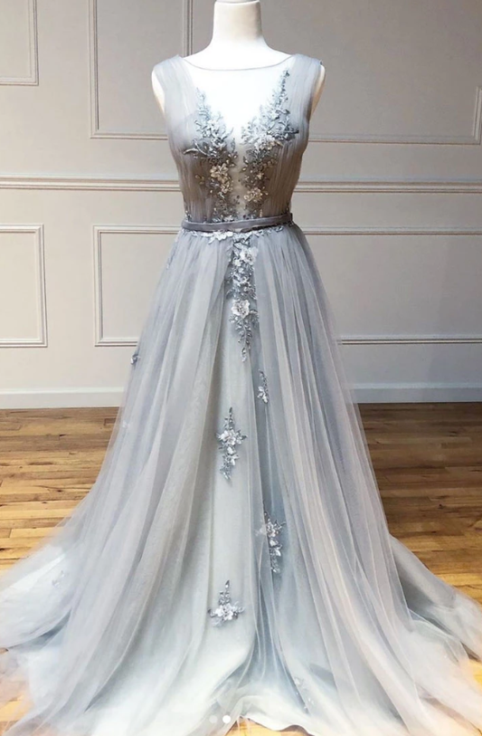 Gray round neck tulle lace long prom dress gray lace evening dress cg5123