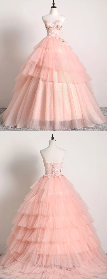 PINK SWEETHEART LACE TULLE LONG PROM GOWN PINK TULLE FORMAL DRESS cg5128