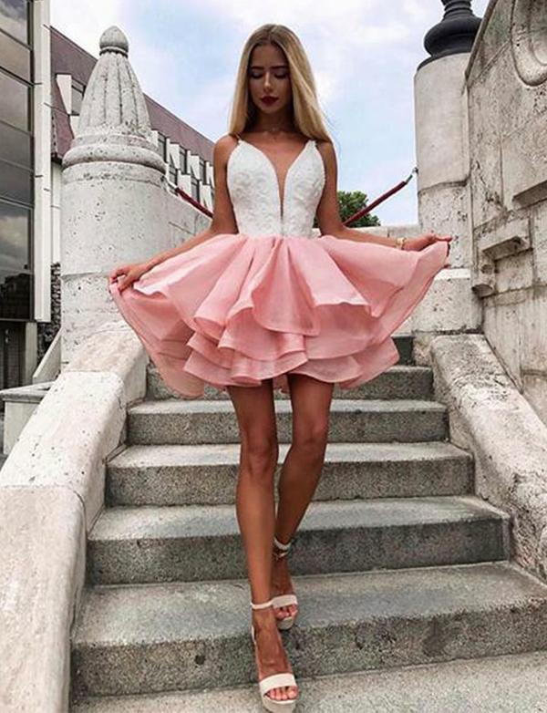Pink Short Homecoming Dresses Online Deep V Neck Appliques cg513