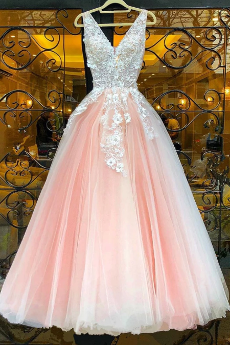 PINK V NECK LACE TULLE LONG PROM DRESS PINK LACE EVENING DRESS cg5132