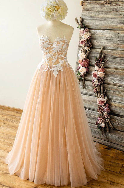 CHAMPAGNE TULLE SWEETHEART LACE LONG PROM DRESS TULLE FORMAL DRESS cg5133