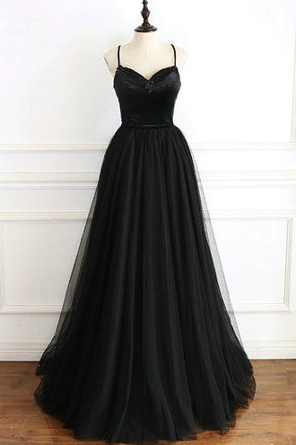 Black Tulle Spaghetti Straps Open Back Long Prom Dress cg5135