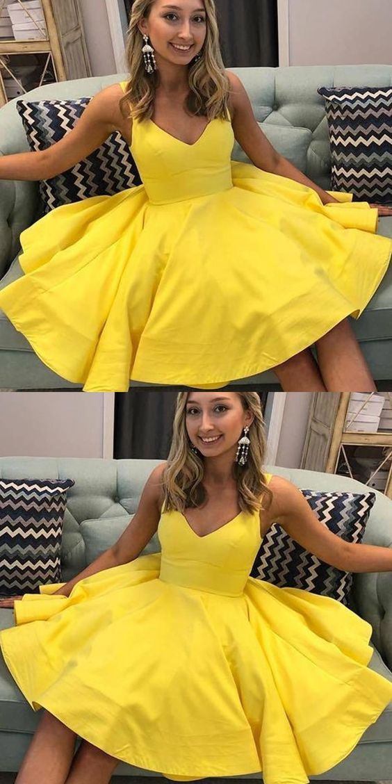 A-line Yellow Satin Short Party Dress Homecoming Dress cg5190