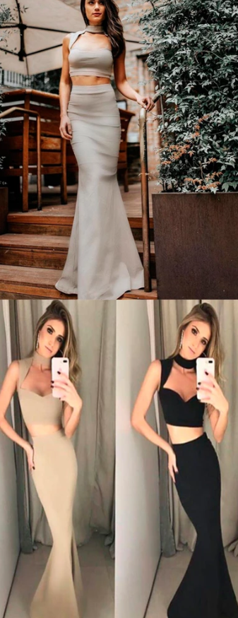 Light Grey Jersey High Neck Halter Two Piece Mermaid Prom Dresses cg5193