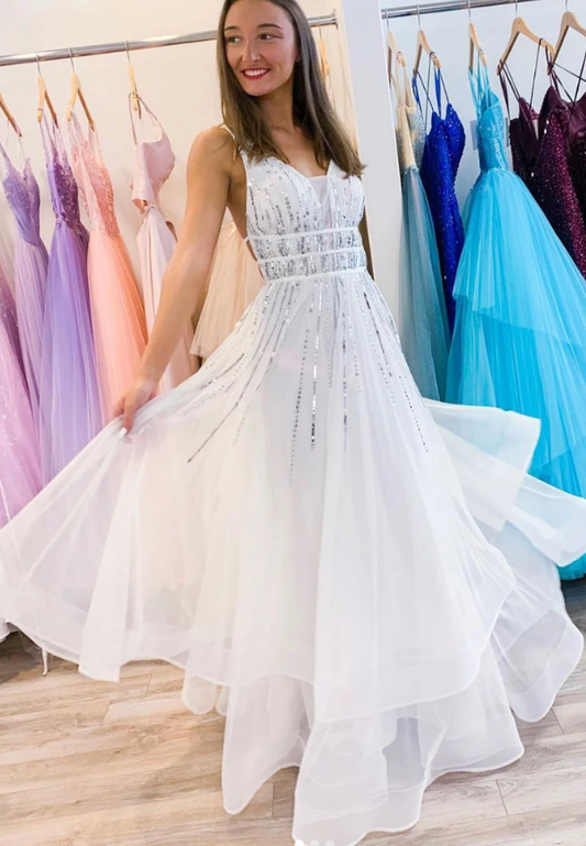 White v neck tulle sequin long prom dress white evening dress cg5208