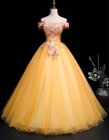 Yellow Tulle Off Shoulder Long Custom Size Senior Prom Dress, Evening Dress cg5226