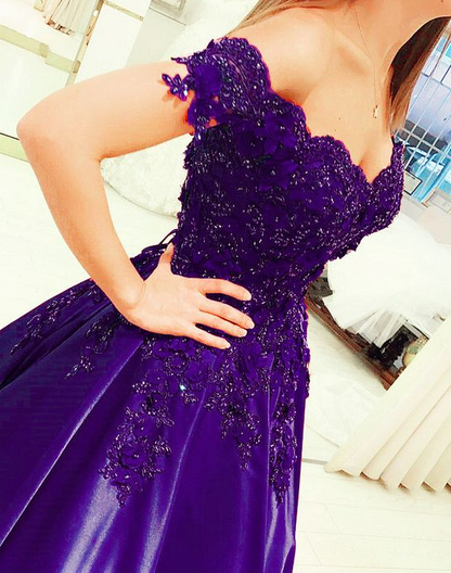 purple ball gown prom dresses elegant lace off shoulder satin gown cg5232