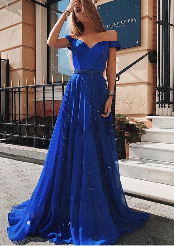 Off the Shoulder Royal Blue Beaded Long Prom dress cg5258