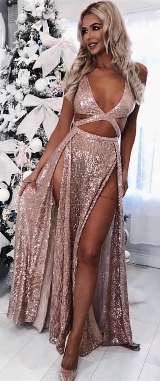 A-Line Sexy Modest Charming Rose Gold Sequined Prom Dresses with Split cg5289