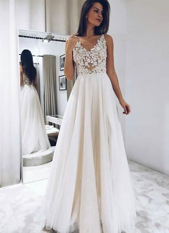 V Neck Long Prom Dresses with Appliques for Women cg5367
