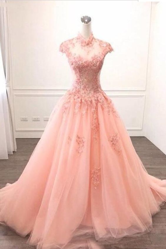 Pink Tulle O Neck Long Cap Sleeve Evening Dress, Prom Dress With Appliques cg5410
