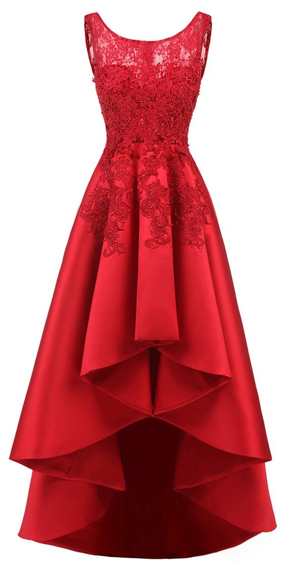 Pretty Tulle & Satin Scoop Neckline Hi-lo A-line Prom Dresses With Hot Fix Rhinestones & Lace Appliques cg5419