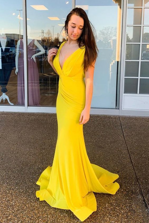 Mermaid V-Back Ruched Long Yellow Prom Dress cg5424