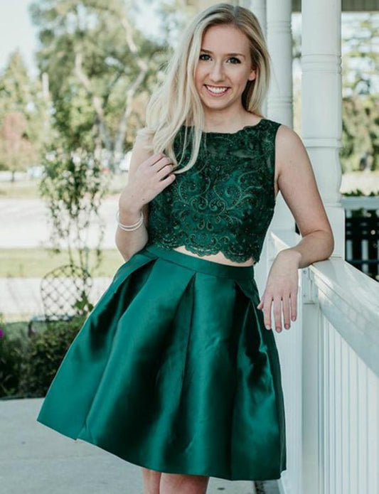 Two Piece Dark Green Satin Homecoming Dress With Beading cg543