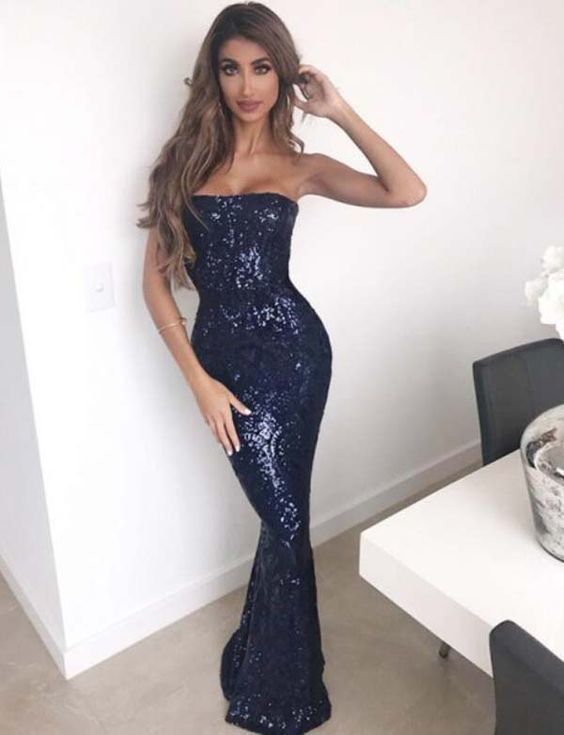 Sexy Strapless Sequined Mermaid Evening Dress Long Navy Blue Prom Dress cg5440