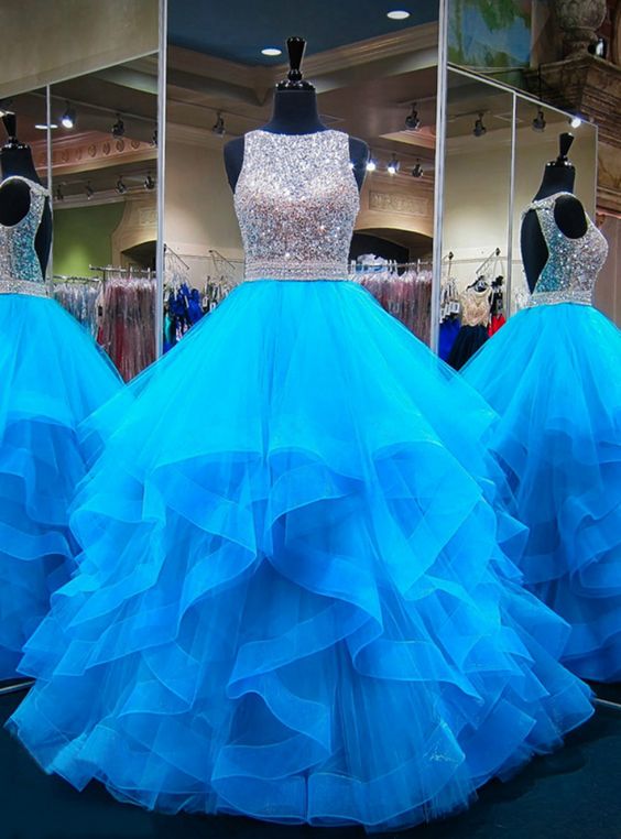 Blue Puffy Ball Gown Crystals Backless African Prom Dresses cg5454