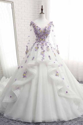 White Tulle Ruffles Long 3D Flower Lace Applique Prom Dress, Quinceanera Dress With Sleeve cg5456