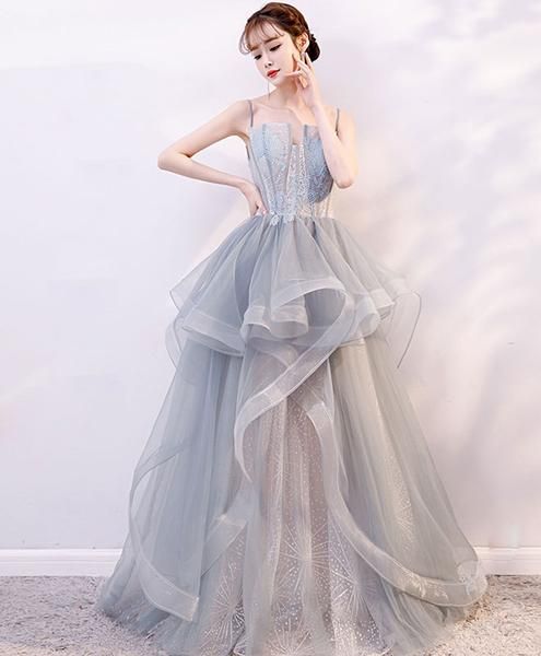 Gray tulle lace long prom dress, gray tulle lace evening dress cg5517