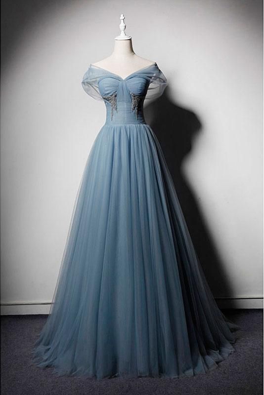 Blue Tulle V Neck Off Shoulder Long Senior Prom Dress, Evening Dress cg5520