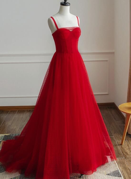 Beautiful Red Straps Tulle Elegant Formal prom Gowns, Red Party Dresses, Red Formal Gowns cg5545