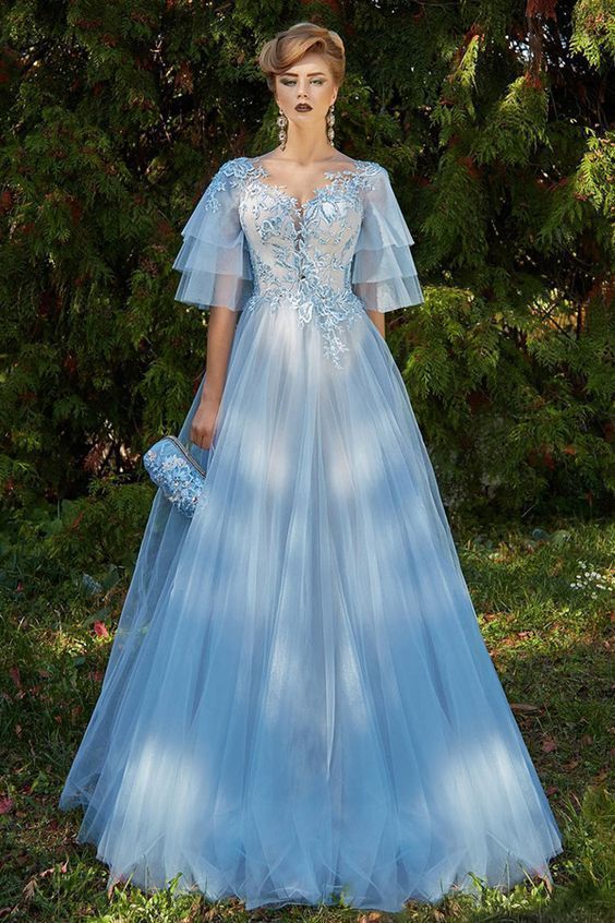 Excellent Tulle Jewel Neckline Bell Sleeves A-line Prom Dress With Beaded Lace Appliques,Custom Made,Party Gown,Cheap Evening dress cg5548