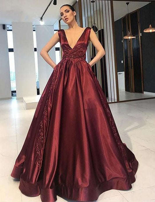 Charming A Line V Neck Sleeveless Burgundy Long prom dress cg5555