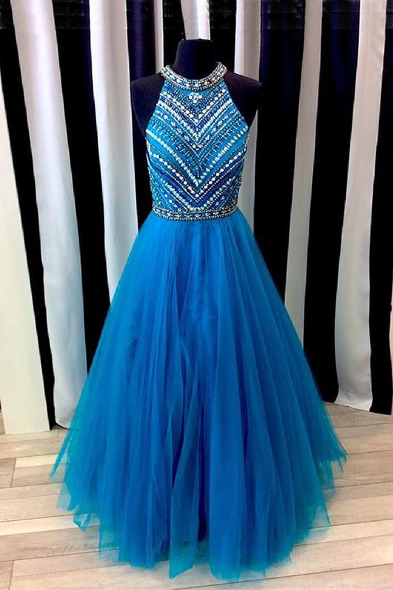 blue tulle long beaded evening dress, senior prom dresses cg5565