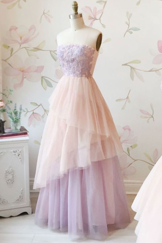 Elegant Lilac Lace Strapless Long Tulle Layered Prom Dress, Party Dress  cg5566