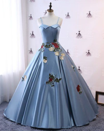 Blue Satin 2020 Modest Spaghetti Straps Lace Applique Pageant Prom Dress cg5569