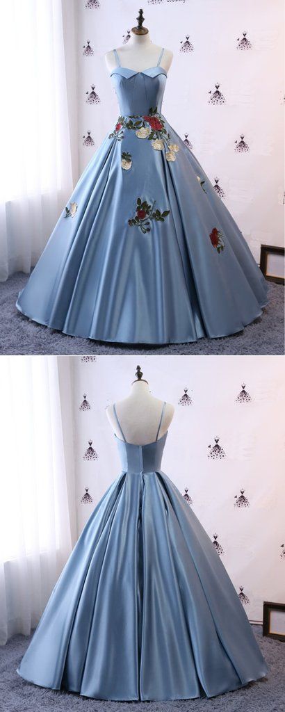 Blue Satin 2020 Modest Spaghetti Straps Lace Applique Pageant Prom Dress cg5569