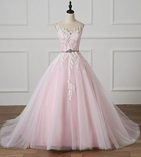 Light Pink Scoop Neck Lace Applique Formal Prom Dress, Beaded Wedding Dress  cg5574