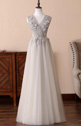 Gray Tulle Long V-Neck Evening Dress, Lace Formal Prom Dress cg5587