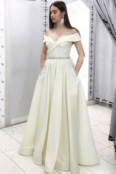 Elegant Off the Shoulder Beading Ivory prom Dress with Pockets  cg5610