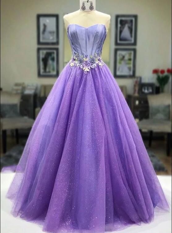 Purple sweetheart neck tulle long prom dress, evening dress  cg5625