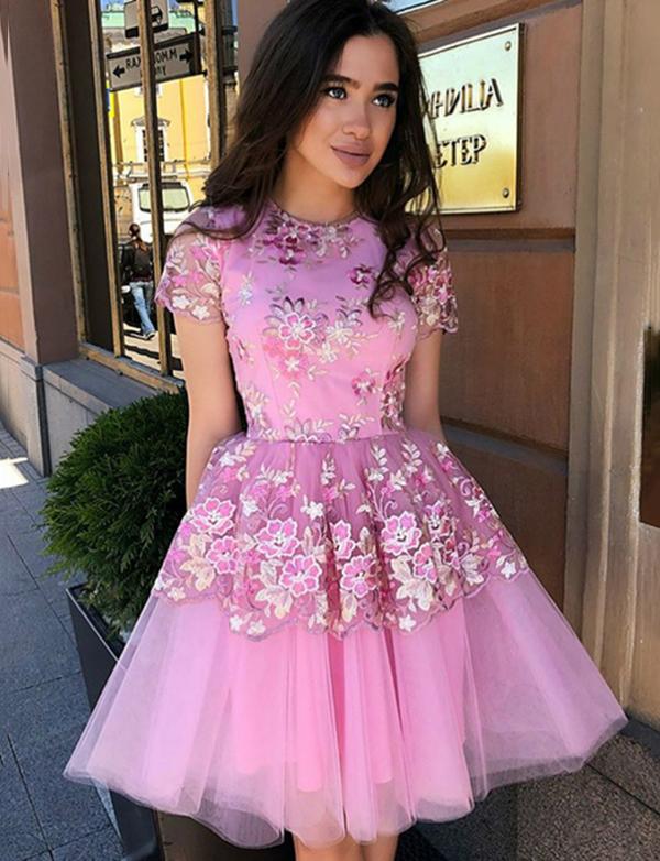 A-Line Jewel Short Pink Tulle Homecoming Cocktail Dress With Appliques  cg564
