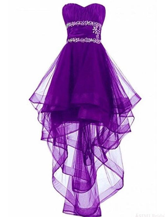 Lovely Dark Purple High Low Organza Lace-Up Formal Dresses, Beaded Formal Dresses, Homecoming Dresses   cg5640