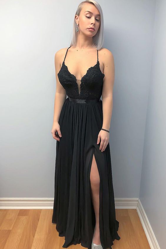 Criss Cross Slit- Front Black Long Prom Dress with Lace top Evening Dress  cg5663