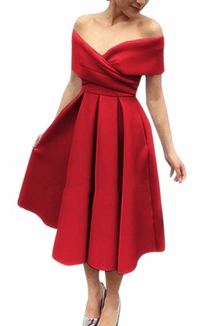 Simple red satin off shoulder V neck bridesmaid prom dress, short party dress  cg5677