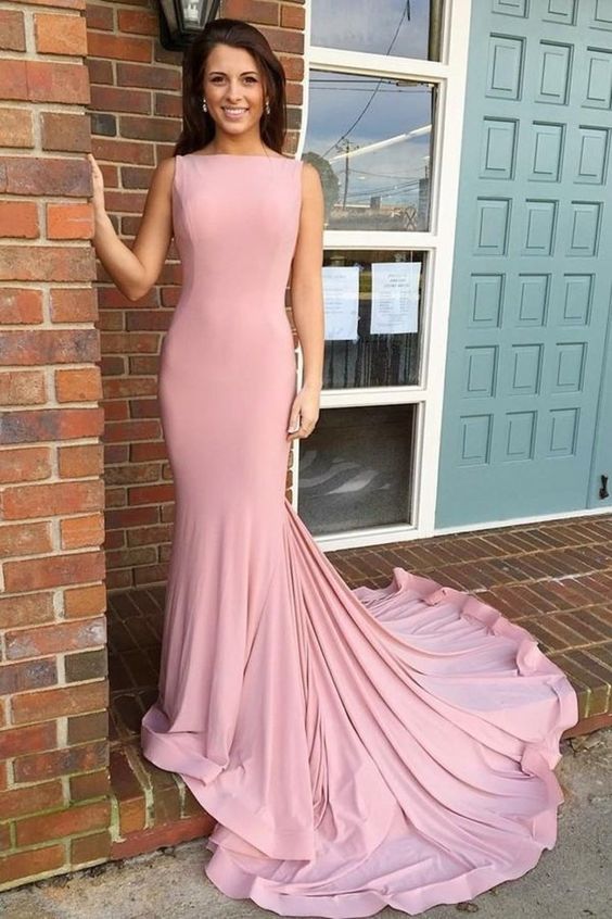 Boat Necking Long Sheath Pink Elegant Simple prom dress cg5679