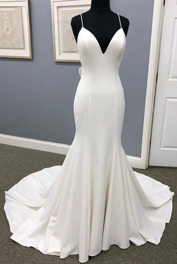 Ivory Satin Spaghetti Straps Open Back Sweet Train Wedding Dress, Formal Prom Dress  cg5690