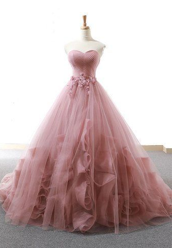 Pink Sweetheart neck Tulle Long Prom Dresses, Pink Evening Gown cg5704