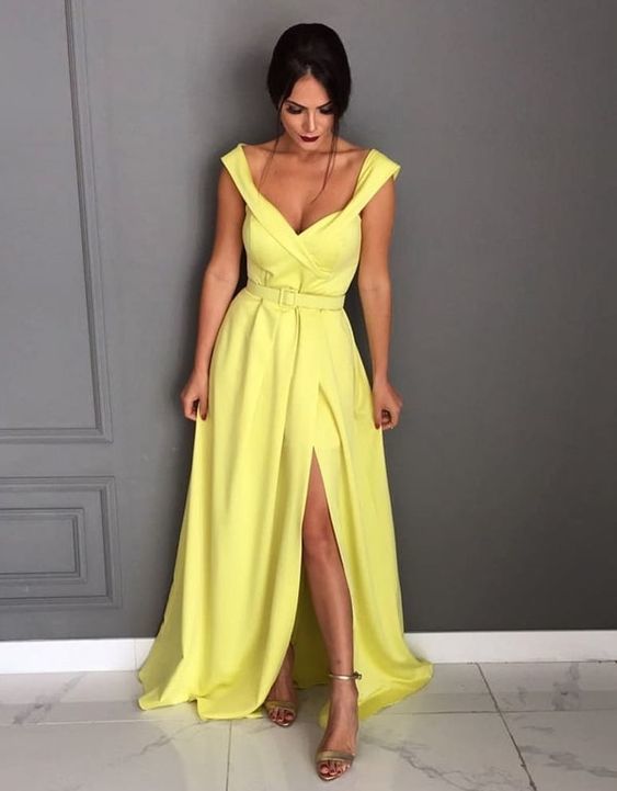 Yellow Prom Dress With Slit , Off The Shoulder Formal Dress  cg5717