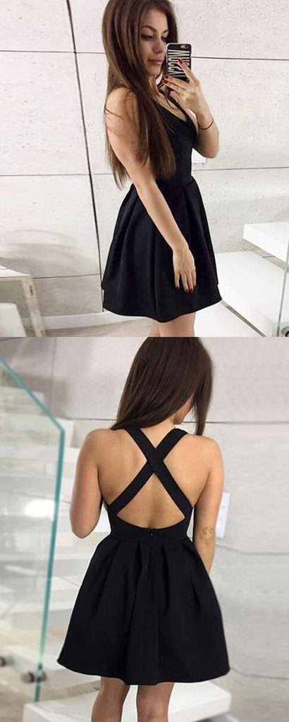 A-Line V-Neck Sleeveless Black Homecoming Dresses With Cross Back cg572