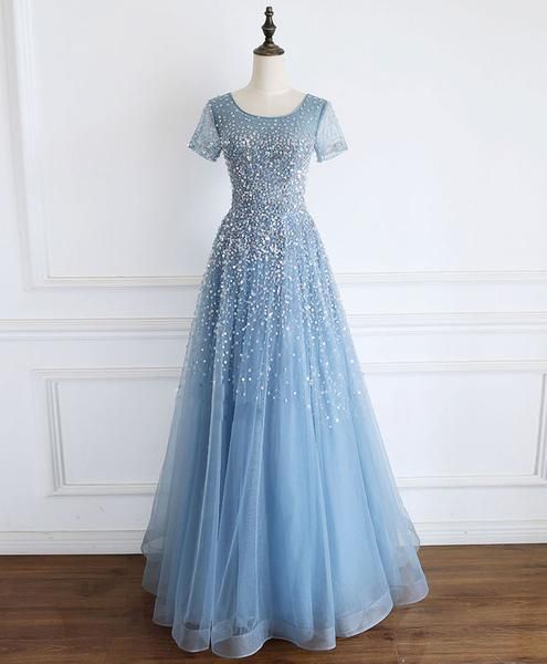 Blue round neck tulle sequin beads long prom dress blue tulle formal dress  cg5744