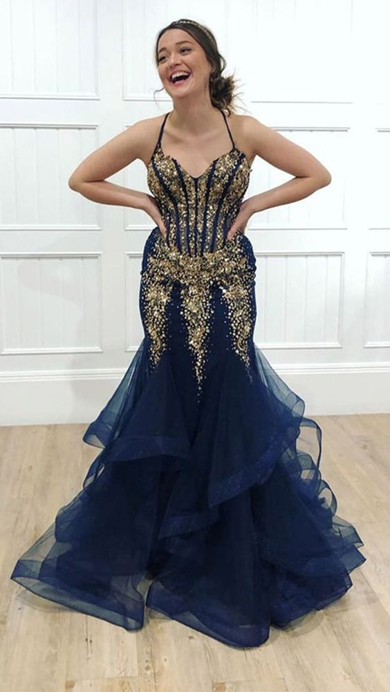Navy Tulle Gold Beaded Spaghetti Straps Mermaid Prom Dress  cg5750