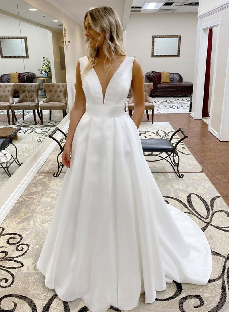 Simple v neck satin long white ball gown formal prom gown  cg5751