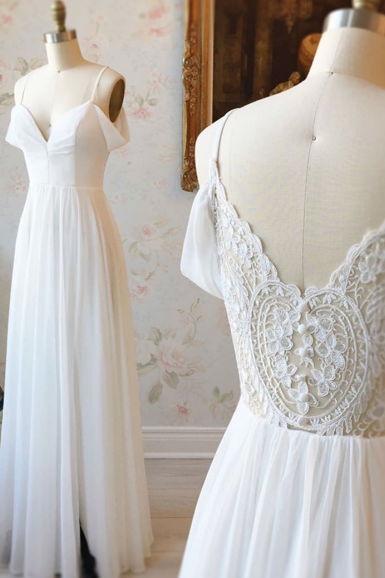 Simple white off shoulder chiffon lace long prom dress evening dress  cg5757