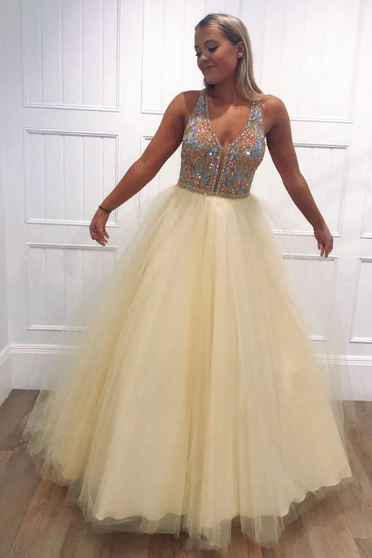 Yellow tulle v neck beads long prom dress yellow evening dress  cg5759